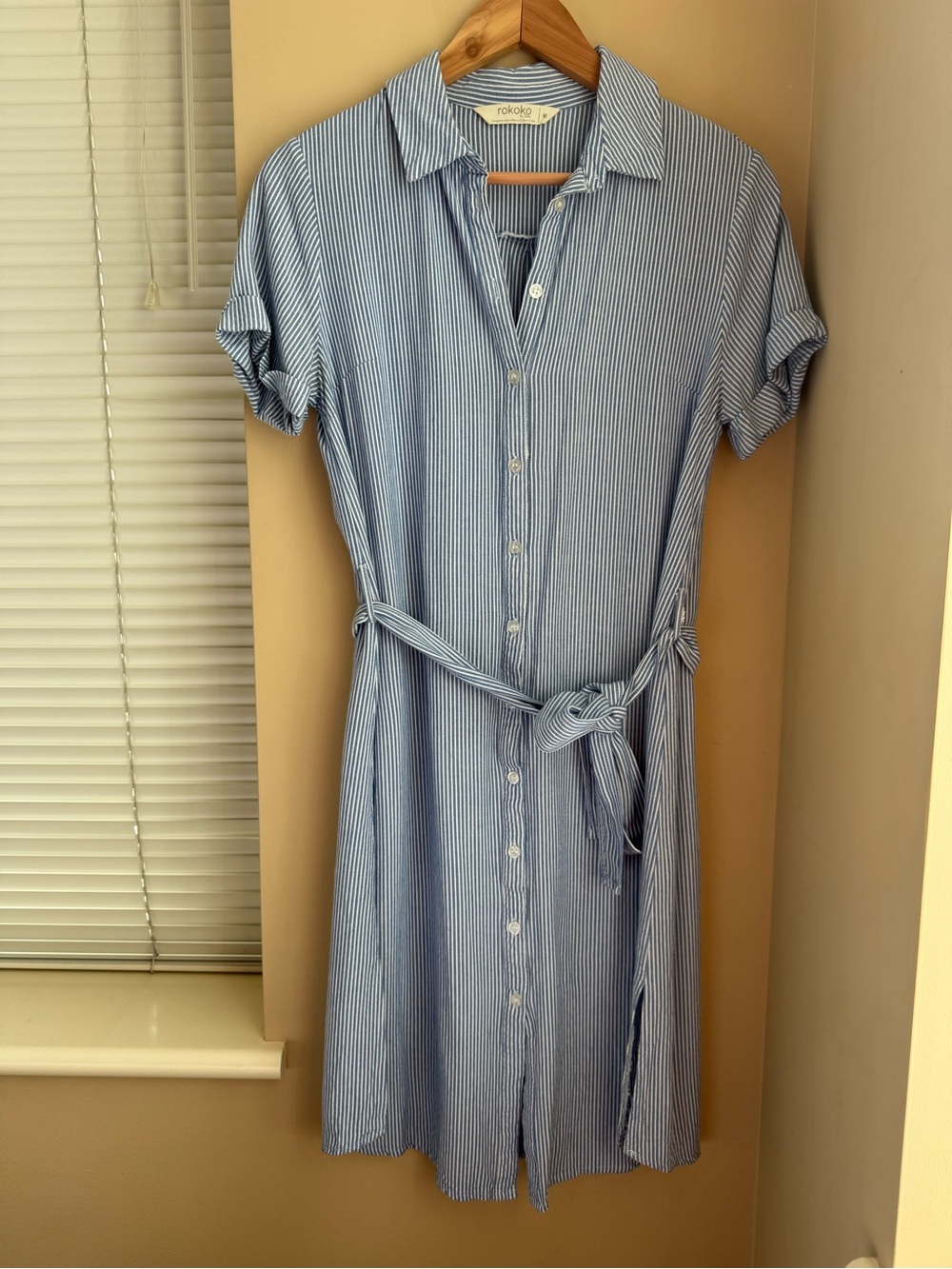 Rokoko Blue Striped Button-Front Midi Dress with Self Tie